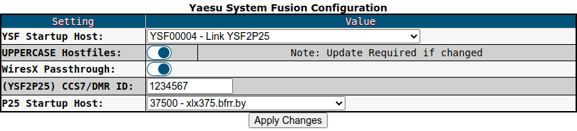 YSF2P25 configuration in Pi-Star